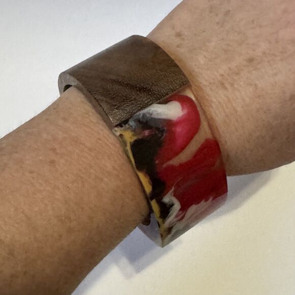 Vintage Resin Wood Chunky Statement Boho Bangle Bracelet Angular Inlay - Picture 2 of 12